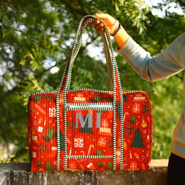 Quilted Cotton Duffle Bag: Red Christmas Weekender, Handmade