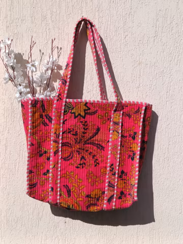 Pink Floral Velvet Tote Bag: Quilted Shopping Carry Bag