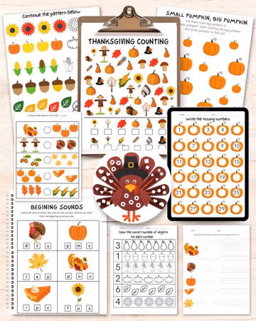 Thanksgiving Day Worksheets bundle, for kids, Fall busy book printable, Kindergarten worksheets, Preschool activity book, Learning binder