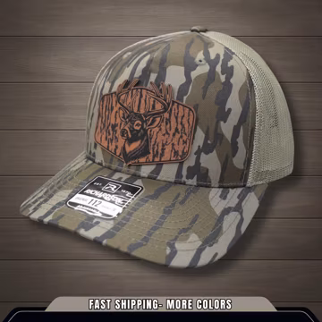 Whitetail Deer Leather Patch Hat | Richardson 112 Camo Hat | Hunting Gift for Him | Deer Hunter Trucker Cap