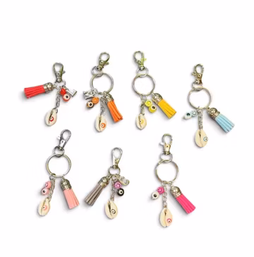 Evil Eye Cowrie Shell Purse Charm, Personalized Keychain, Smile Face Beaded, Tassel