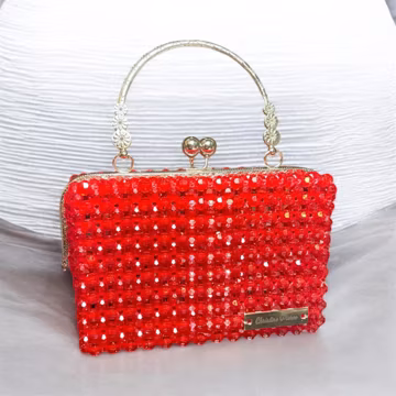 Red Beaded Handbag, Kiss Clasp Closure, Evening Bag