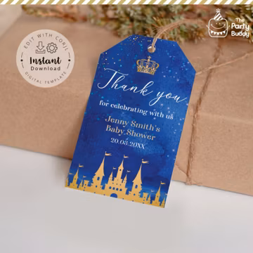 Royal Prince Baby Shower Favor Tag Editable | Royal Blue Gold Castle Thank You Gift Tags Printable | Digital File Corjl INSTANT Download