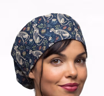 Cat Skeleton scrub hat, gothic floral vet nurse cap