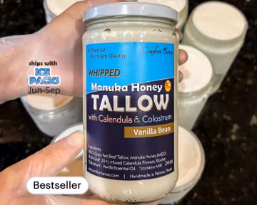 Face and Whole Body moisturizer Vanilla Bean Manuka Honey Beef Tallow with COLOSTRUM & CALENDULA Whipped Tallow, Manuka Honey, Whipped Tallo