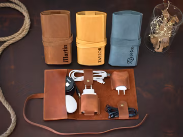 Custom Leather Cord Holder, Personalized Cable Organizer for Men & Women, Travel Cable Case with Engraved, Cord Keeper, Gift for Traveller