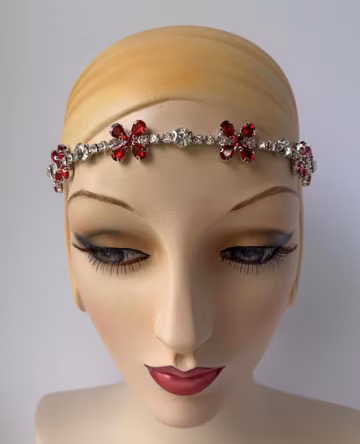 1920s RED Rhinestone Headpiece, Hollywood glam Adjustable Ruby Flapper Headband