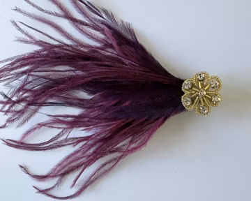 Plum Ostrich Feather Hair Clip, Gold Floral Rhinestone Embellishment