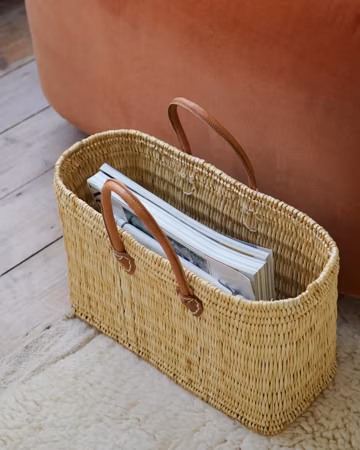 SUMMER SALE Moroccan Luxury Handmade Seagrass Basket, Leather Handles, Sustainable Natural, Magazine Holder, Storage Basket