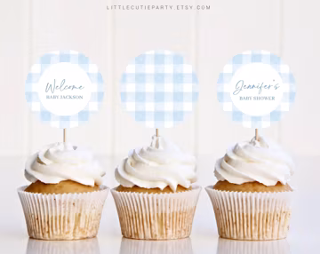 Editable Blue Gingham Cake Toppers, Blue Baby Shower Cupcake Toppers, Baby Shower Cake Topper, Cake Topper Decorations BGHBS002