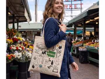 Organic Washington State Bag Landmark Coffee Gift Eco Friendly PNW Library Farmer Market Seattle Wedding Leavenworth Space Needle Evergreen