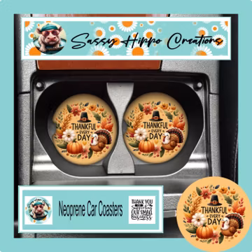 Car Coasters Thankful Every Day Turkey Thanksgiving Pumpkin Set of 2 Neoprene Absorbent Hand Sublimated by Sassy Hippo Creations