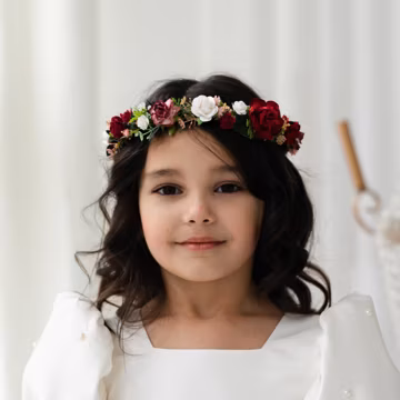 Christmas Flower Girl Crown and Belt Set – Winter Wedding Accessory, Burgundy Floral Headpiece, Holiday Gift for Girls