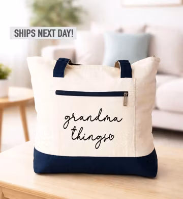 Grandma Things Tote, Personalized New Grandma Gift, Zippered Bag For Grandmother