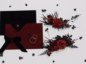 Black red and burgundy with spider bead flower comb Gothic bridal floral comb Halloween wedding