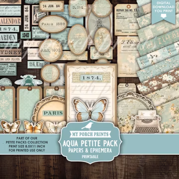 Aqua Petite Pack Junk Journal Ephemera and Papers Kit, Blue, Teal, Labels, Fussy Cuts, Cards, My Porch Prints Printable Digital Download