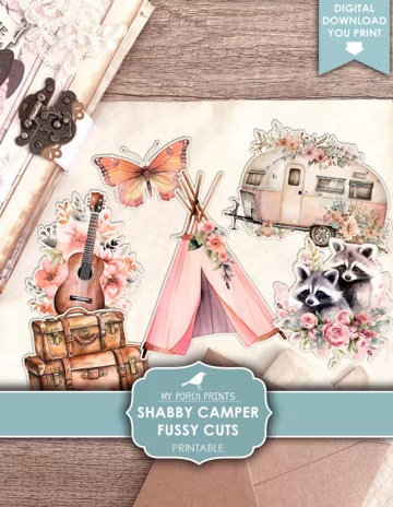 Shabby Camper Fussy Cuts, Junk Journal Camping Pink RV Tent Cricut Travel Planner Stickers Printable My Porch Prints Digital Download