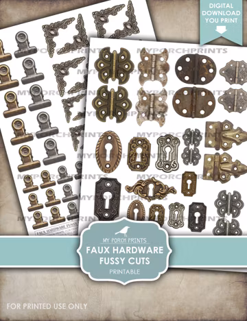 Faux Hardware Fussy Cuts, Junk Journal, Corners, Gears, Steampunk, Hinges, Stickers, Grunge, My Porch Prints, Printable Digital Download