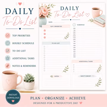 Daily To Do List Printable | Daily Planner PDF | Productivity Planner | Daily Schedule | Priority Checklist | Time Blocking Planner