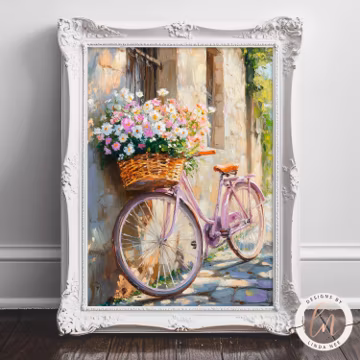 Vintage Bike with Flower Basket Wall Art, Pastel Spring Floral Print