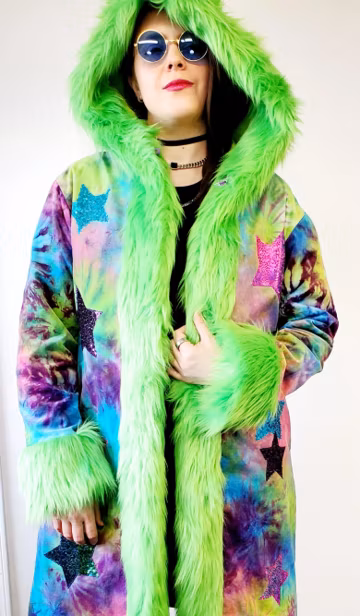 The Lime Green Faux Fur Midcalf Custom Velvet Tie Dye Festival Coat /Burning Man Coat / Playa Coat / Unisex Coat