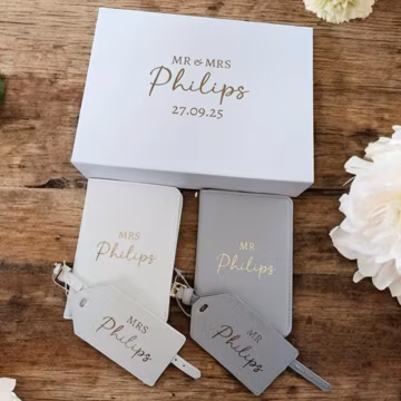 Personalised Passport Cover and Tag Personalised Bride and Groom Gifts Mr and Mrs Saffiano Fabric Set In Gift Box Wedding Present