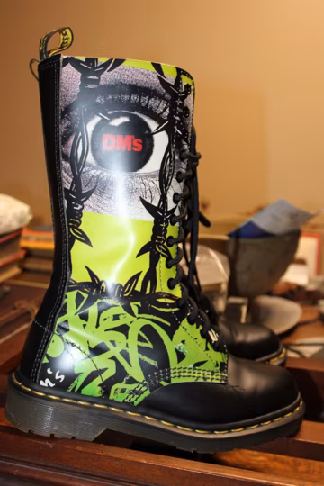 Vintage rare Doc Marten boots, barb wire and eyeball, made in England, size 5 UK, US women 7