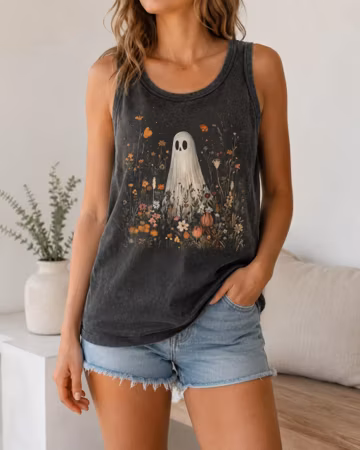 Wildflowers Ghost Tank Top, Spooky Season Tank, Spooky Floral Ghost Tank, Botanical Ghost Tank, Preppy Fall Tank, Halloween Ghost Tank