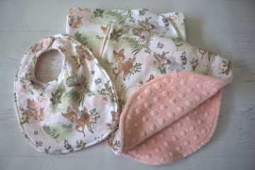 Blanket/Large Burp Cloth/Bib Set-Flannel Minky Dot Backing-Oval Shape-Woodland Baby Animals