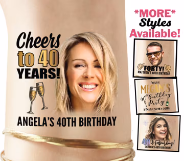 Cheers to 40 Years Temporary Tattoos, Custom Face Birthday Tattoos, 40th Birthday Party Favors, Personalized Milestone Birthday Tattoo