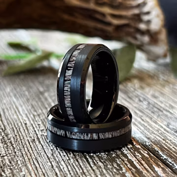The Black Stag: Deer Antler Bevelled Tungsten Wedding Band with elk ring inlay