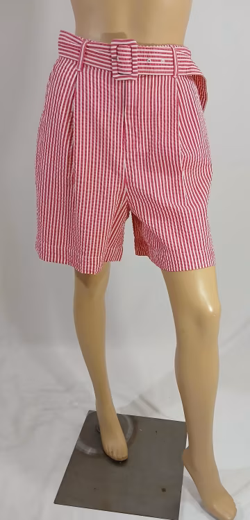 80s Vintage High Waisted Cotton Shorts: Red Striped Pleated Belt