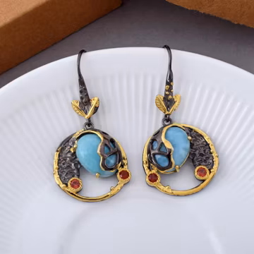 Natural Larimar Oval Gemstone 925 Sterling Silver Garnet Dangle Hook Earrings, Black & Gold Earrings, Earrings For Lady, Woman Jewellery NEW