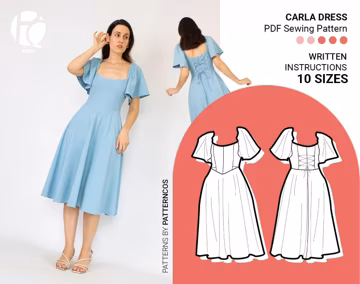 Princess seam dress pattern with basque skirt and flared sleeves | Summer dress pattern for wedding guest | 10 SIZES | PDF Sewing pattern