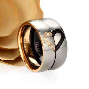 Titanium Wedding Band Set: Love Heart Promise Rings, 6mm
