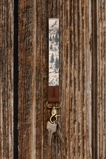 Wristlet Keychain - Woodland Landscape Design Featuring Wildlife, Forests, Mountains, and Rivers in Tan and Green | Lanyard, Key holder