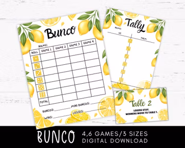 Lemon Bunco Score Cards Bundle, Lemon Theme Games for Adults, Lemon Themed Birthday Party, Summer Games for Seniors, Summer Bunco