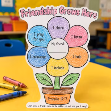 Friendship Flower Craft, Printable Bible Friendship Activity Sheet for Kids