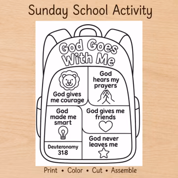 God Goes With Me Backpack Coloring Page, Printable Back to School Bible Sheet
