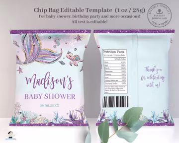 Whimsical Mermaid Tail Chip Bag Printable EDITABLE TEMPLATE, Under the Sea Birthday Pool Party Baby Shower Label Favors INSTANT Download MT2