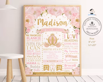 Princess Pumpkin Carriage 1st Birthday Milestone Sign EDITABLE TEMPLATE, Blush Pink Floral Birth Stats Poster Decor Pdf INSTANT Download PU2