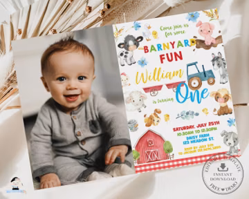 Cute Colorful Farm Animals Birthday Party Photo Invitation Printable EDITABLE TEMPLATE, 1st First Birthday Invite Card INSTANT Download BY4