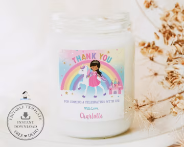 EDITABLE Unicorn and Princess Square Thank You Tags Labels Stickers Birthday Party Favors Light Brown Tan Girl Rainbow Printable Digital PU1
