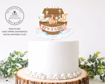 Noah's Ark It's a Girl Cake Topper, INSTANT DOWNLOAD, Noahs Arc Baby Shower Cute Animals Centerpiece Decoration Lion, PRINTABLE Files, NA2