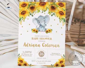 Elephant Sunflower Invitation, EDITABLE TEMPLATE, Instant Download, Boy Blue Ears Jungle Baby Shower Invites Card, Rustic Yellow Floral EP8A