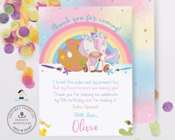 Cute Unicorn Art Paint Party Thank You Card EDITABLE TEMPLATE, Painting Craft Rainbow Birthday Party Printable File Instant Download, UB4