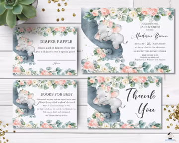 Elephant Pink Floral Baby Shower Invitation Bundle, EDITABLE TEMPLATE, Folded Thank You Diaper Raffle Books for Baby, INSTANT Download EP11