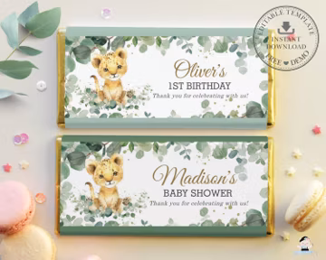 EDITABLE TEMPLATE Cute Lion Cub Greenery Baby Shower Jungle Animals 1st Birthday Chocolate Bar Wrappers Hershey Aldi Favor Printable, LN3