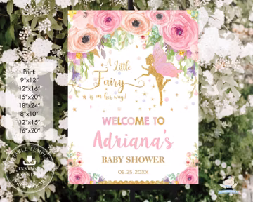 Enchanting Fairy EDITABLE Welcome Sign Pink Blush Peach Floral Flowers Pixie Gold Silhouette Baby Shower Printable Instant Download File FF3