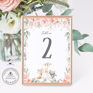 Woodland Animals Table Number Cards Printable, EDITABLE TEMPLATE, Soft Blush Pink Floral Greenery Baby Shower Birthday Party, INSTANT WG10